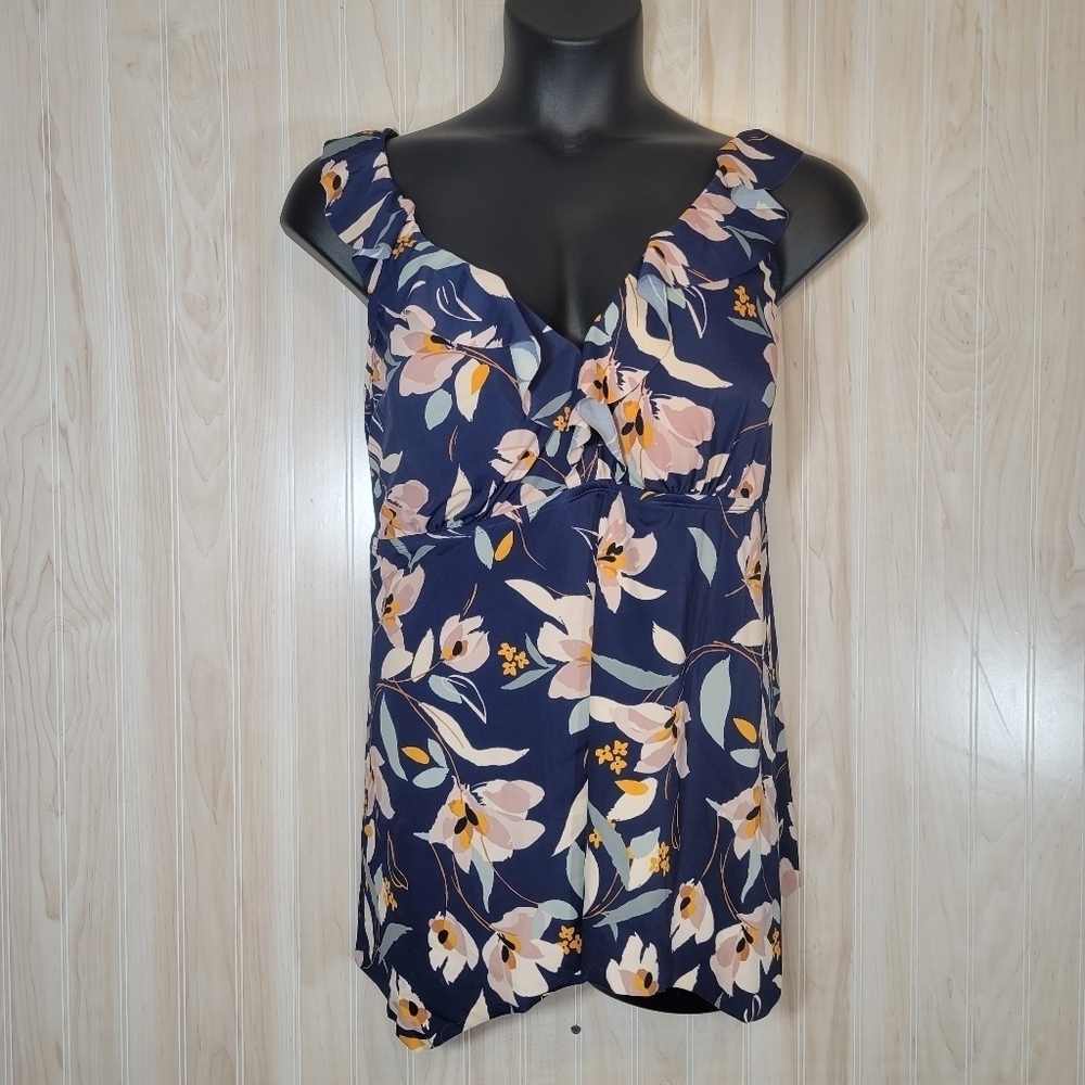 EVRI Blue Pink Floral Bustier Camisole Swim Top